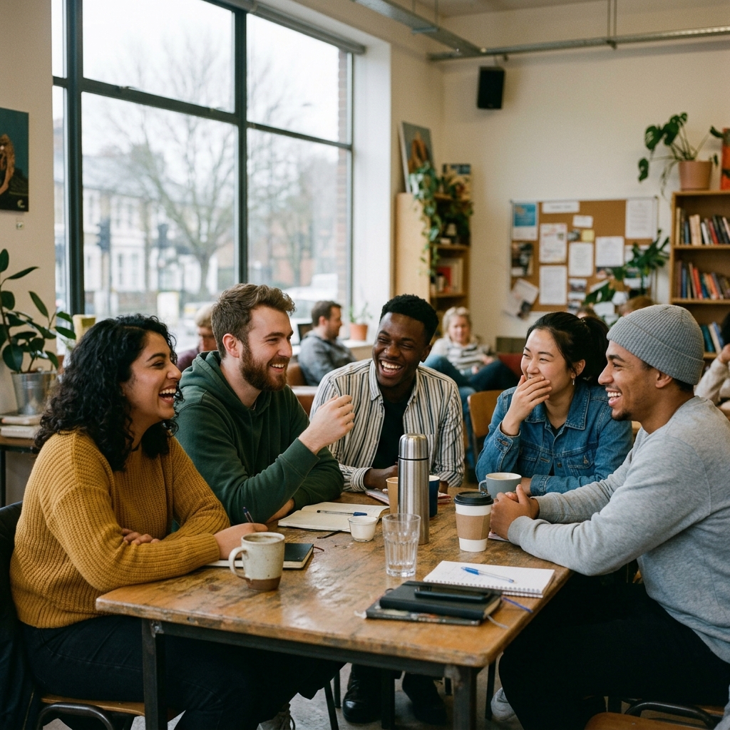 Diverse small group of young adults laughing and talking together